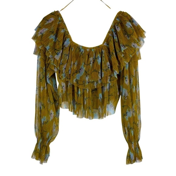 FREE PEOPLE FRILLS AND THRILLS RUFFLED TIERED SHEER FLORAL LONG SLEEVE CROP TOP - Picture 4 of 12